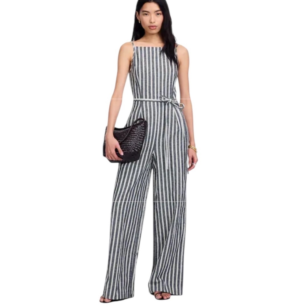 NEW MADEWELL Pleated Wide-Leg Jumpsuit in Pinstripe Linen Sleeveless Size 4‎